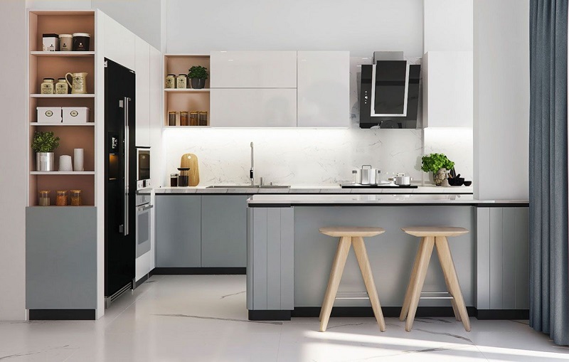 Mẫu tủ bếp thông minh được sử dụng khá phổ biến trong các căn hộ chung cư