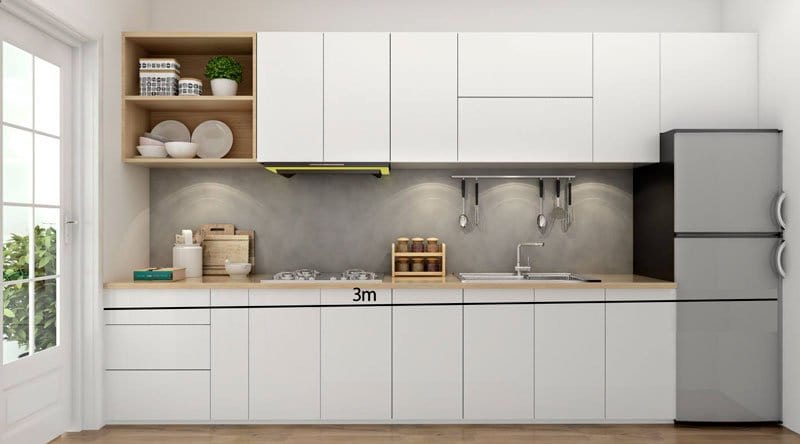 Mẫu tủ bếp chữ i dài 3m 10 Tủ bếp dài 3m chữ I với tông màu chủ đạo là trắng