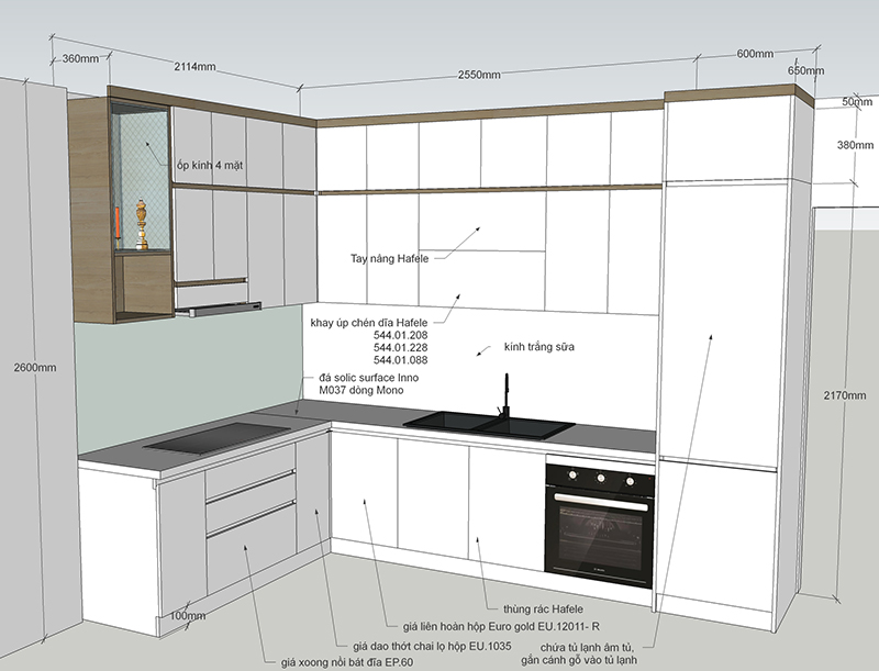 Bảng vẽ 3D phát thảo tủ bếp