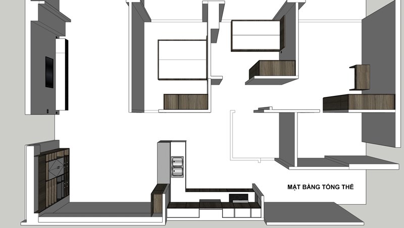 Mặt bằng bố trí mẫu tủ bếp chữ l cho căn hộ chung cư 70m2