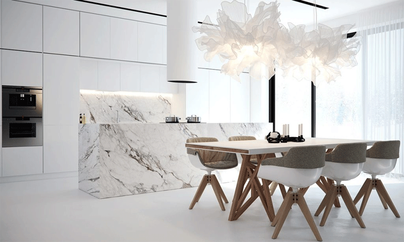 Bàn đảo bếp đúc từ khối đá Marble nguyên tảng đầy ấn tượng trong không gian bếp mở hiện đại.