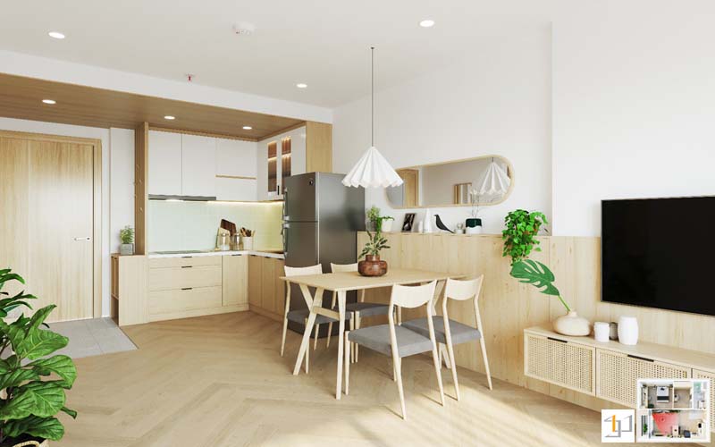 Tủ bếp nhựa Japandi phù hợp với căn hộ