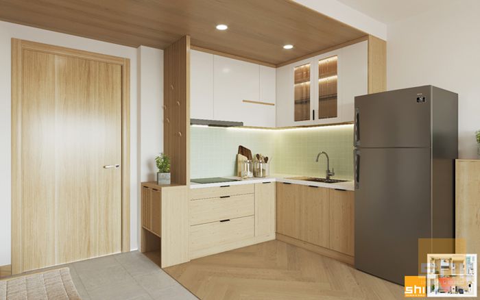 Mẫu tủ bếp đẹp japandi cho căn hộ 1 phòng ngủ