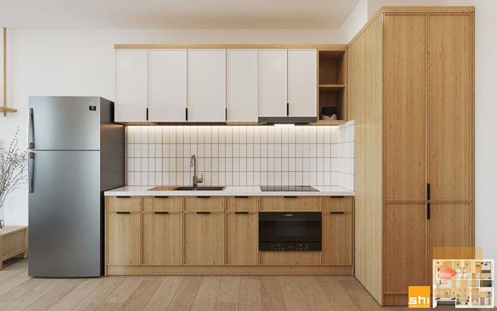 Mẫu tủ bếp phong cách japandi cho căn hộ 2 phòng ngủ