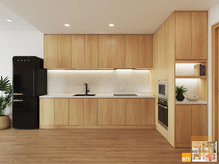 Tủ bếp đẹp phong cách japandi cho căn hộ 3 phòng ngủ