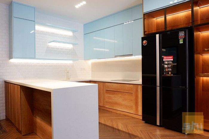 Tủ bếp gỗ mdf chống ẩm kiểu chữ U phủ acrylic