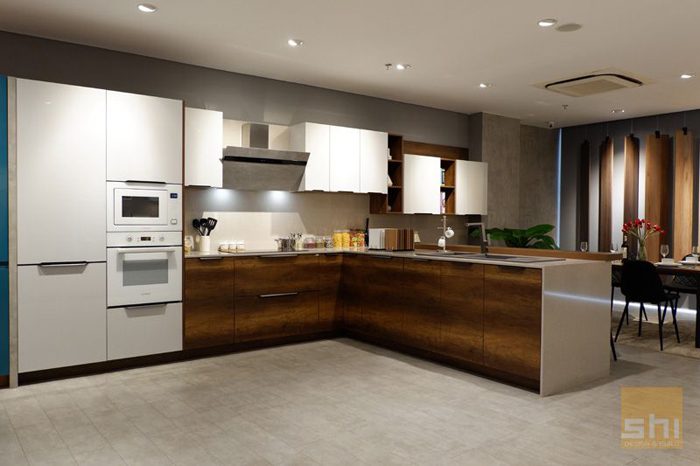 Mẫu tủ bếp chữ L đẹp đơn giản phủ melamine