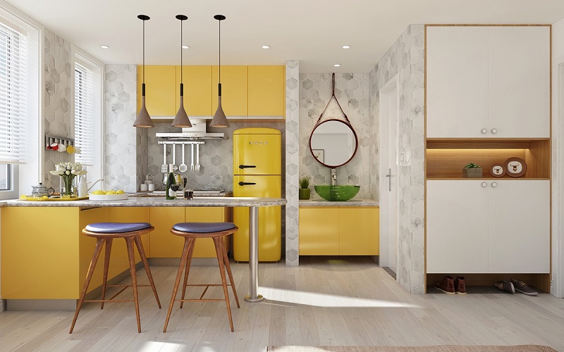 Nhà bếp hình chữ L màu vàng với quầy bar mặt đá hoa cương