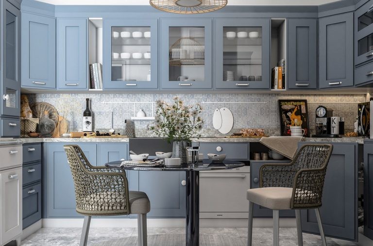 Tủ bếp màu xanh pastel với lối thiết kế tân cổ điển sang trọng