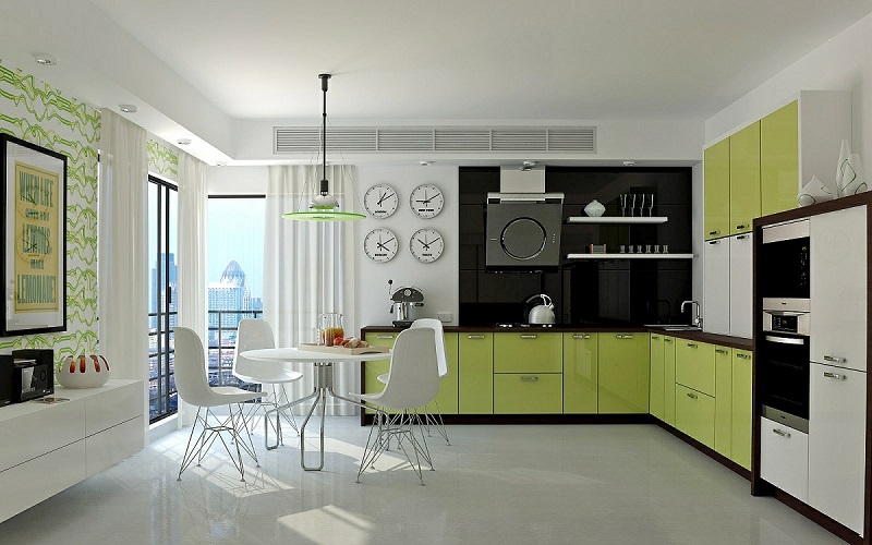 Màu xanh lá cây nhẹ nhàng mang đến cảm giác cân bằng với màu trắng trong thiết kế nhà bếp này.