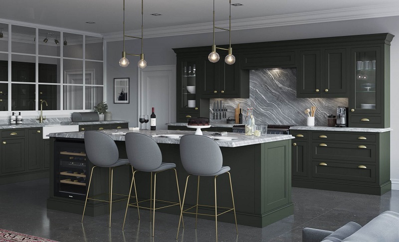 Tủ bếp màu xanh rêu đậm theo phong cách tân cổ điển