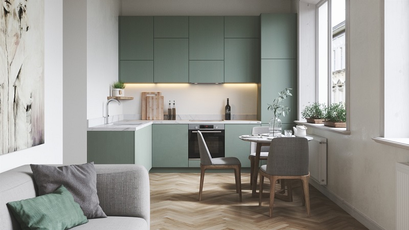 Không gian nấu nướng trang nhã nhờ sự kết hợp hoàn hảo sàn nội thất gỗ và tủ bếp màu xanh rêu