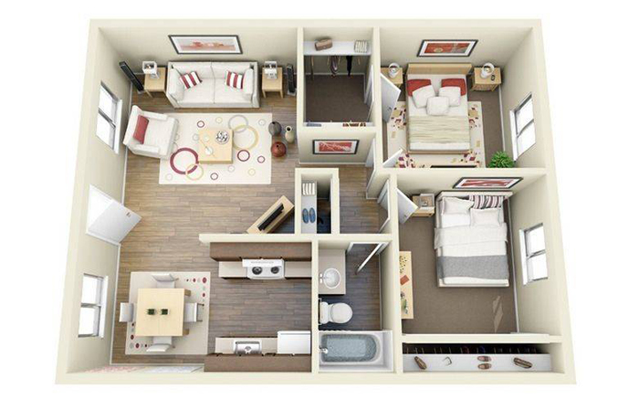 Thiết kế thi công nội thất căn hộ chung cư 50m2 2 phòng ngủ - Mẫu 2