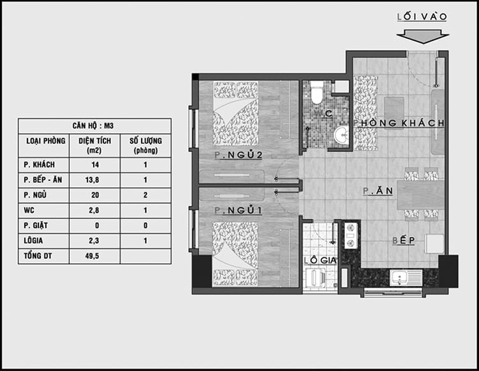 Bố trí nội thất các phòng chức năng trong thiết kế căn hộ chung cư 50m2 2 phòng ngủ
