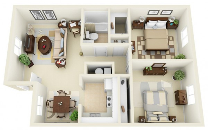 Mặt bằng nội thất các mẫu thiết kế căn hộ chung cư 50m2 2 phòng ngủ
