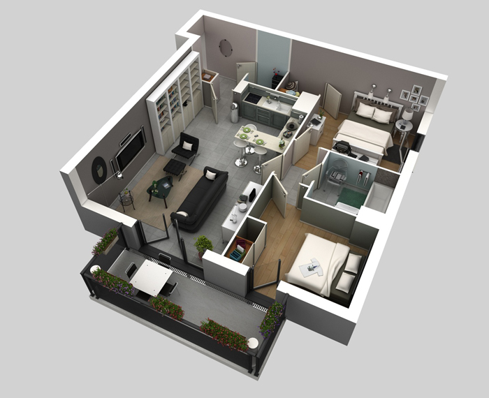 Thiết kế thi công nội thất căn hộ chung cư 50m2 2 phòng ngủ - Mẫu 4