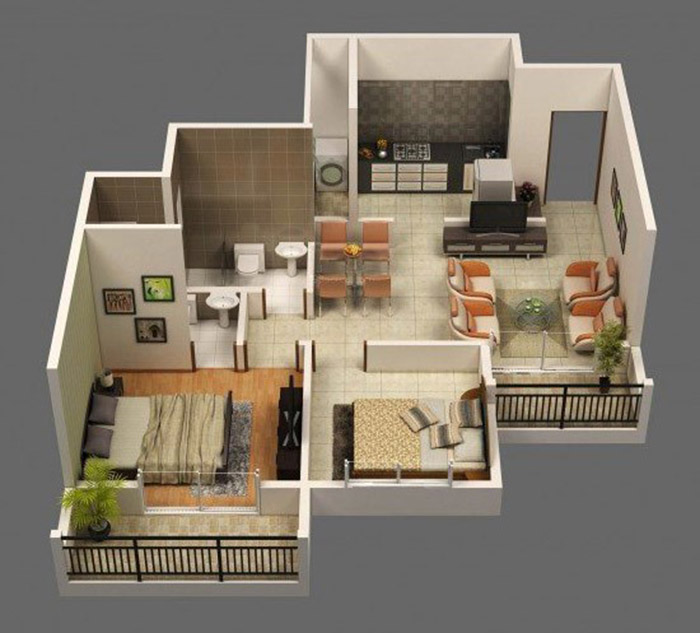 20 mẫu thiết kế căn hộ chung cư 2 phòng ngủ