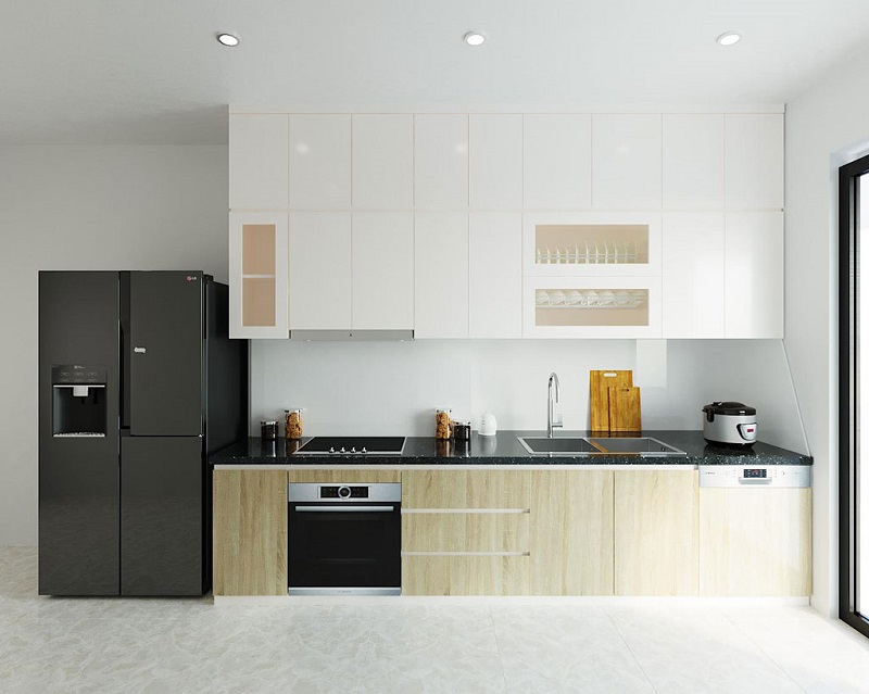 Nhà bếp đẹp phong cách hiện đại với tông trắng cùng những đường nét tối giản. 