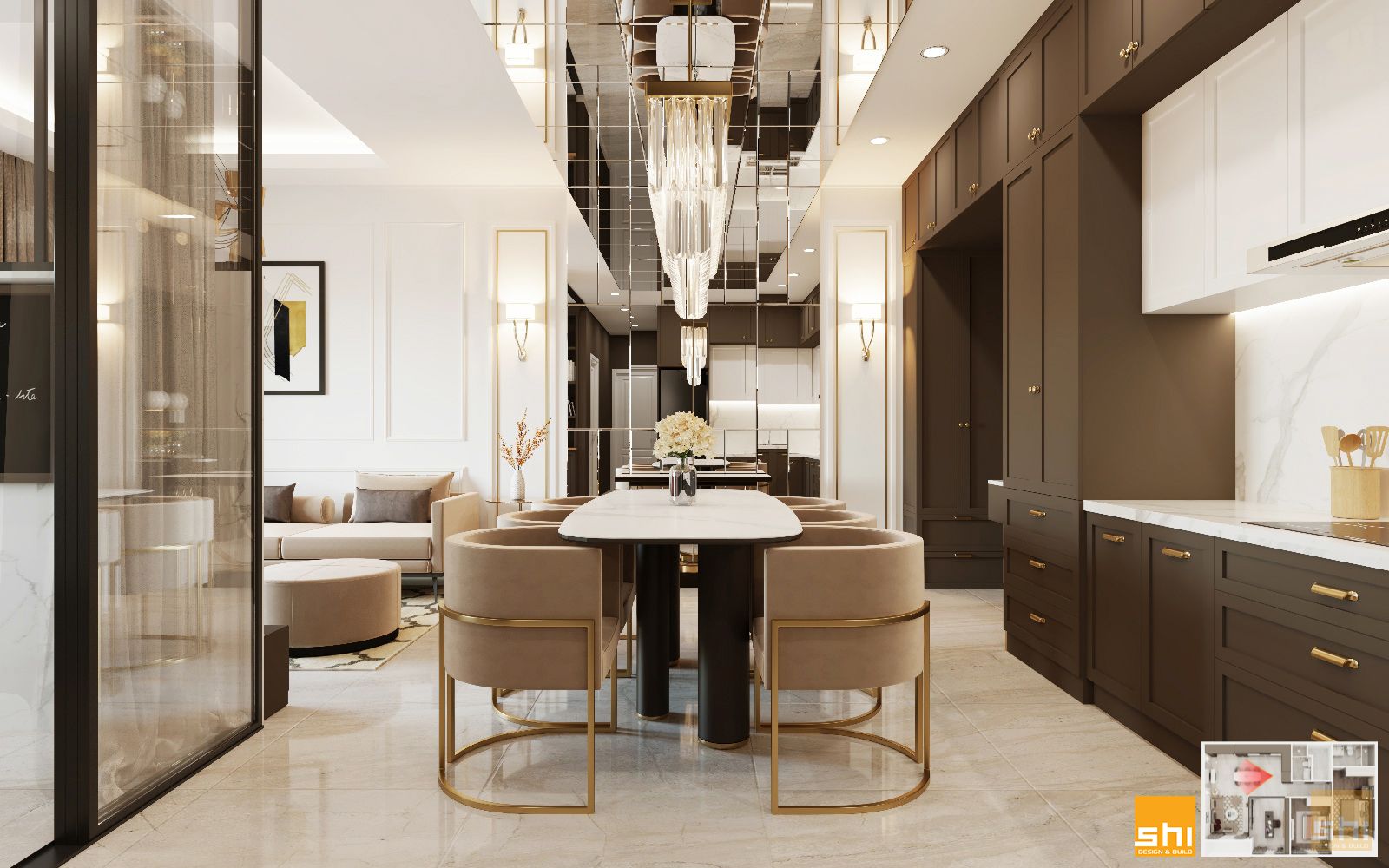 Kính thủy vát cạnh ốp trần phòng ăn trong thiết kế căn hộ Safira Khang Điền do S-housing thực hiện