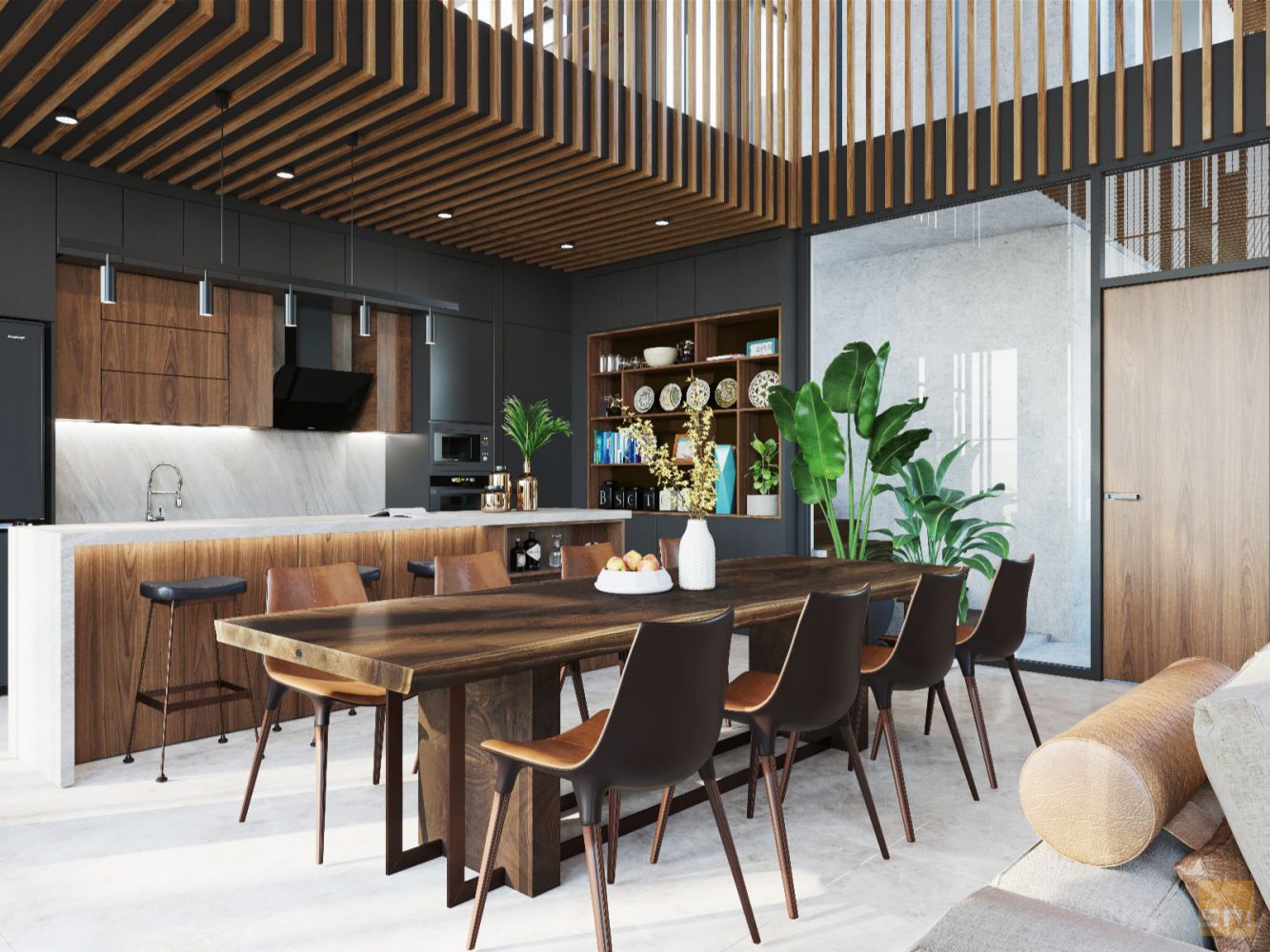 Thiết kế bàn ăn gỗ tự nhiên sang trọng trong Penhouse Nha Trang do S-housing thực hiện