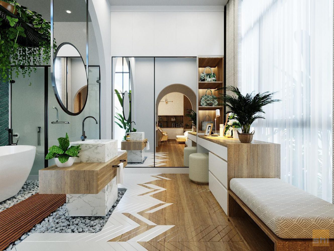Kính trang trí kết hợp gương soi cho phòng tắm trong thiết kế Penhouse Nha Trang do S-housing thực hiện