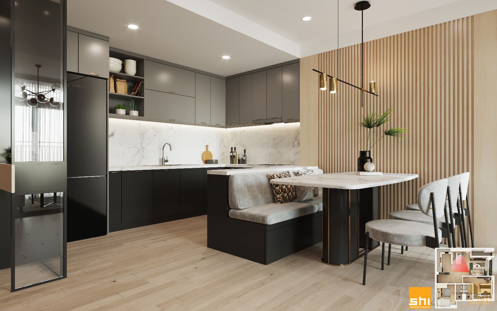 Thiết kế nội thất căn hộ chung cư 95m2 với phòng bếp và phòng ăn