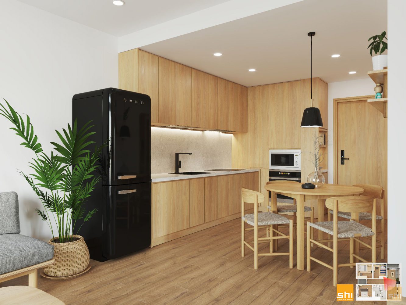 Thiết kế nội thất căn hộ chung cư 95m2 với chi tiết vân gỗ