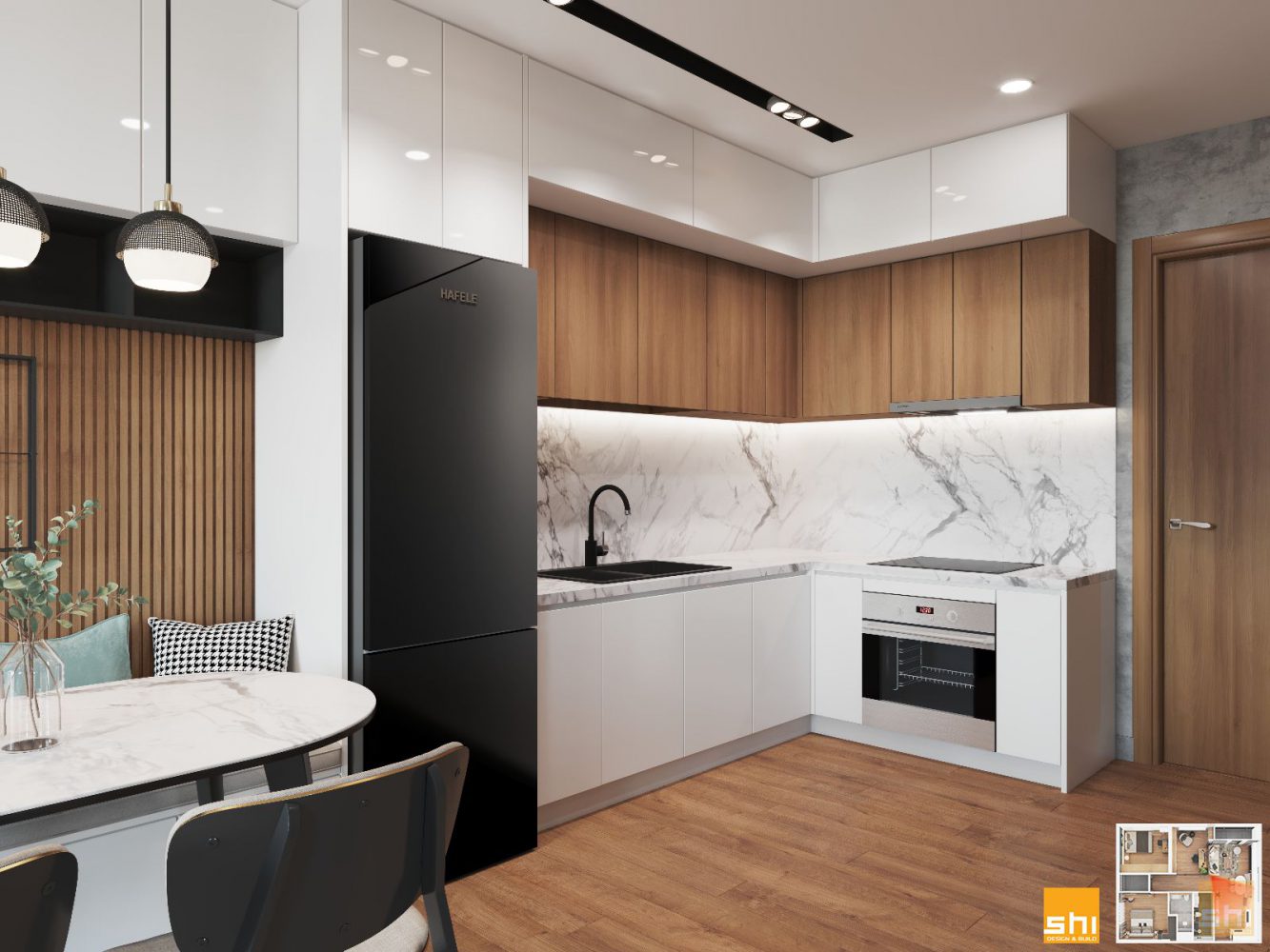Phòng bếp tiện nghi trong thiết kế nội thất căn hộ chung cư cao cấp