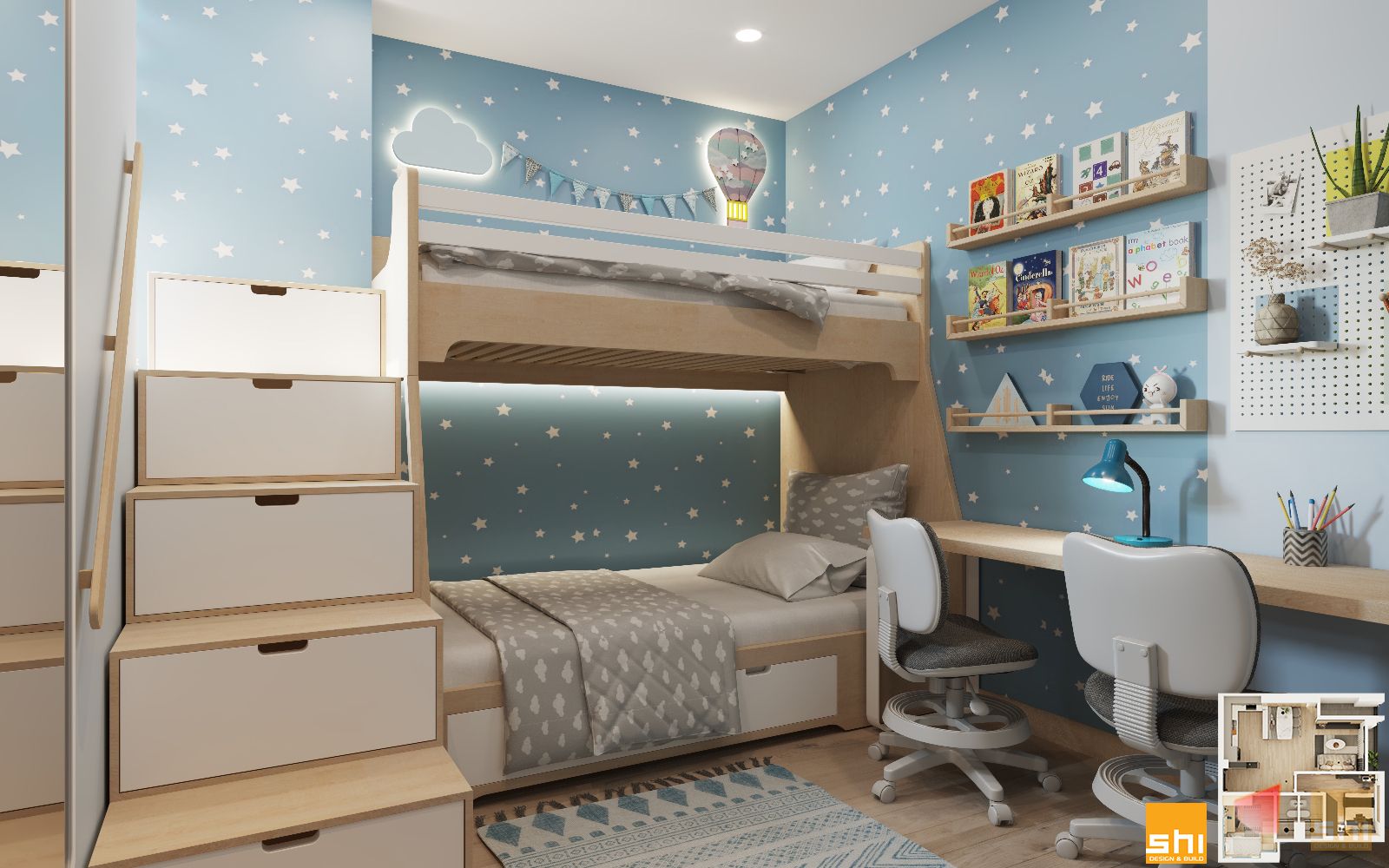 Phòng ngủ cho 2 con với thiết kế nội thất căn hộ chung cư 95m2