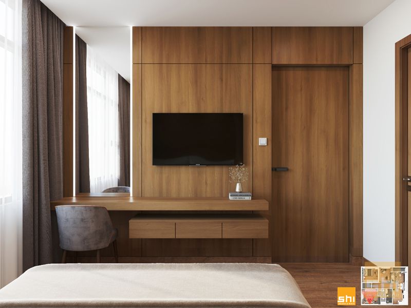 Tủ tivi kết hợp bàn trang điểm trong thiết kế nội thất chung cư