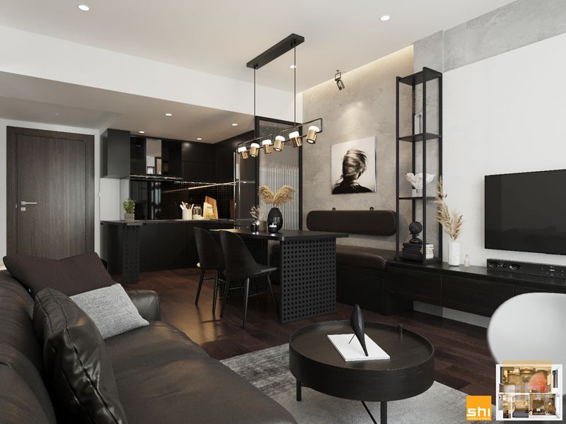 Không gian phòng khách liền bếp trong thiết kế nội thất chung cư