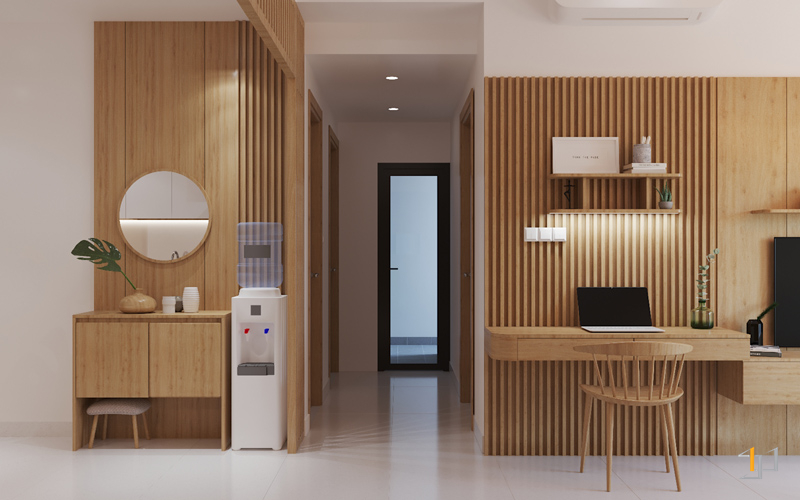 Bố trí tủ giay và góc học tập nhỏ cạnh lối đi