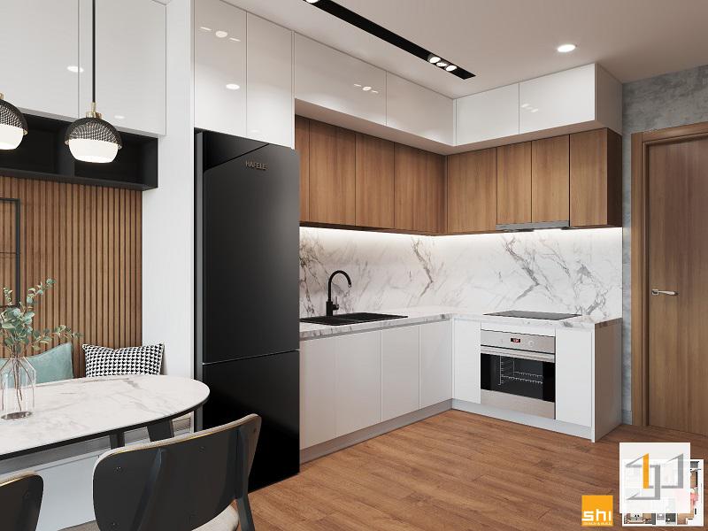 Thiết kế nội thất chung cư với tủ bếp hiện đại