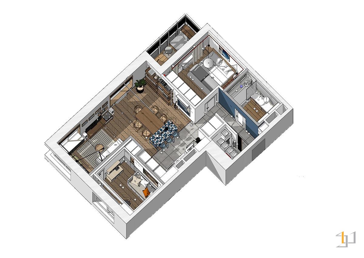 thiết kế nội thất chung cư 55m2 - 04 Mặt bằng nội thất tổng thể trong căn hộ chung cư 55m2