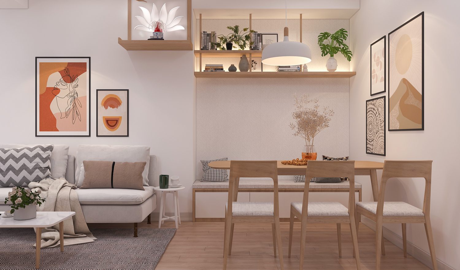 Khu vực sinh hoạt chung ấm cúng và tiện lợi trong thiết kế nội thất căn hộ hiện đại