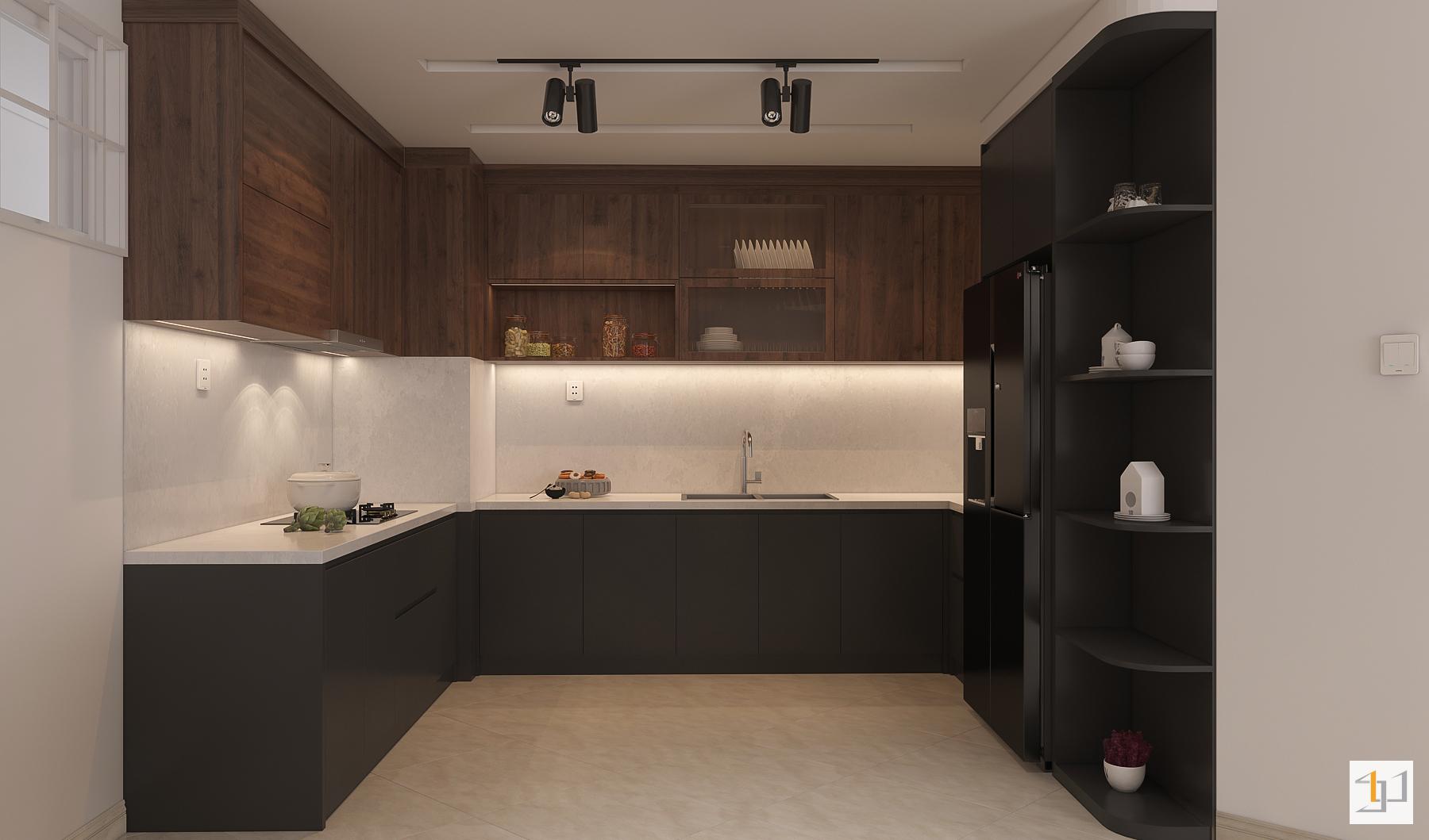 Phòng bếp trong thiết kế nội thất căn hộ 105m2