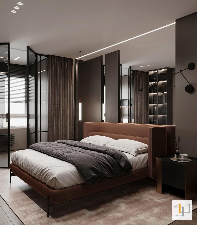 Giường ngủ master trong thiết kế nội thất căn hộ 80m2