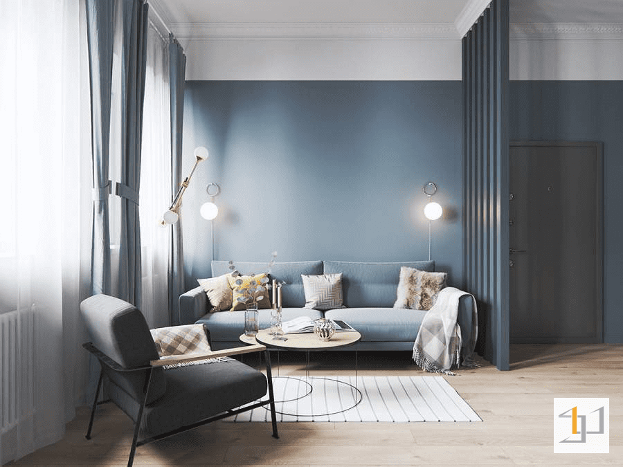 Phòng khách tối giản màu xanh dương