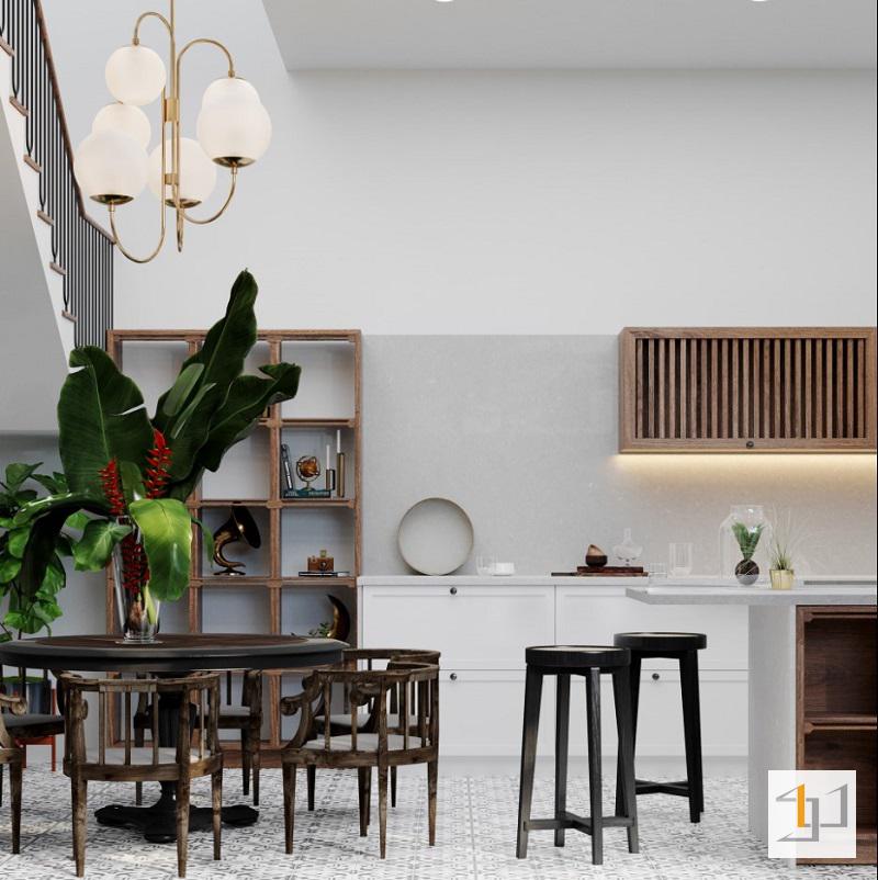 Bộ bàn ghế ăn bằng chất liệu gỗ thô mộc lấy cảm hứng từ làng quê Việt xưa