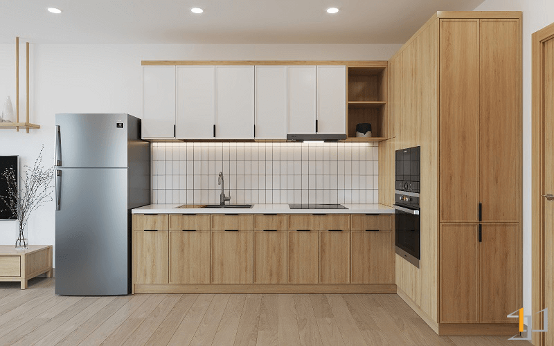 Phong cách nội thất Nhật – Bắc Âu (Japandi) cho tủ bếp Laminate chữ L