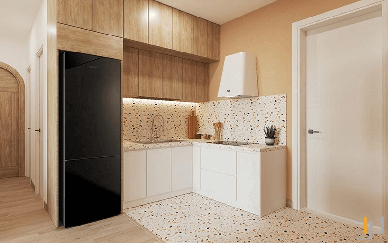 Tủ bếp gỗ Melamine An Cường với bề mặt ốp đá Marble đầy ấn tượng do S-housing thiết kế.