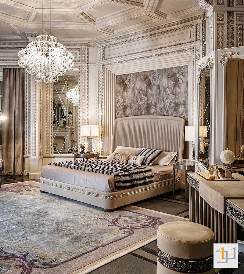 Phòng ngủ với chùn đèn pha lê phong cách nội thất cổ điển