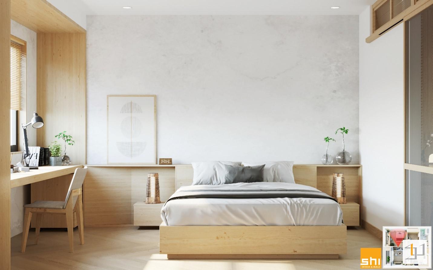 Phong cách nội thất Japandi bố trí các chậu cây nhỏ để trang trí cho phòng ngủ