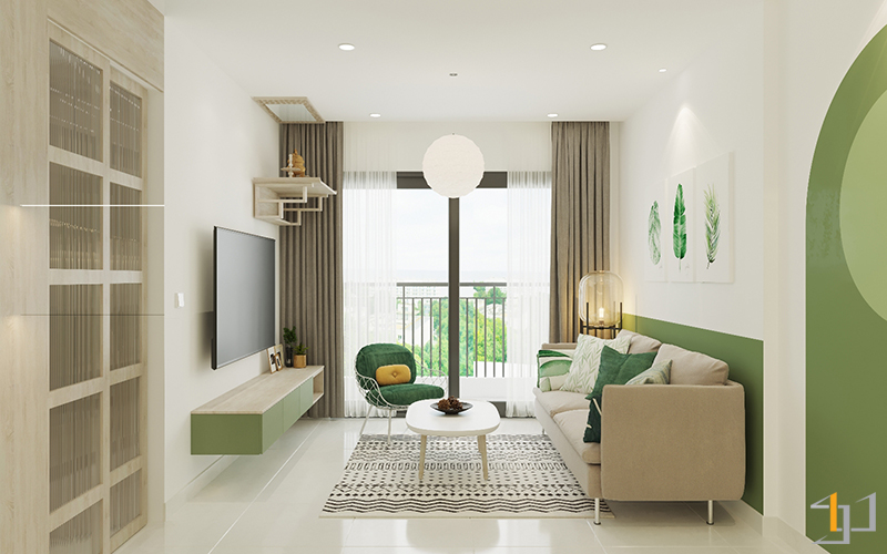 Decor trang trí nội thất phòng khách hiện đại màu xanh