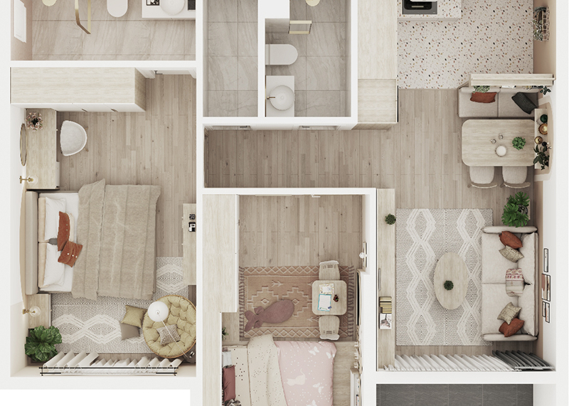 Mặt bằng tổng thể căn hộ Safira Khang Điền 2PN Scandinavian