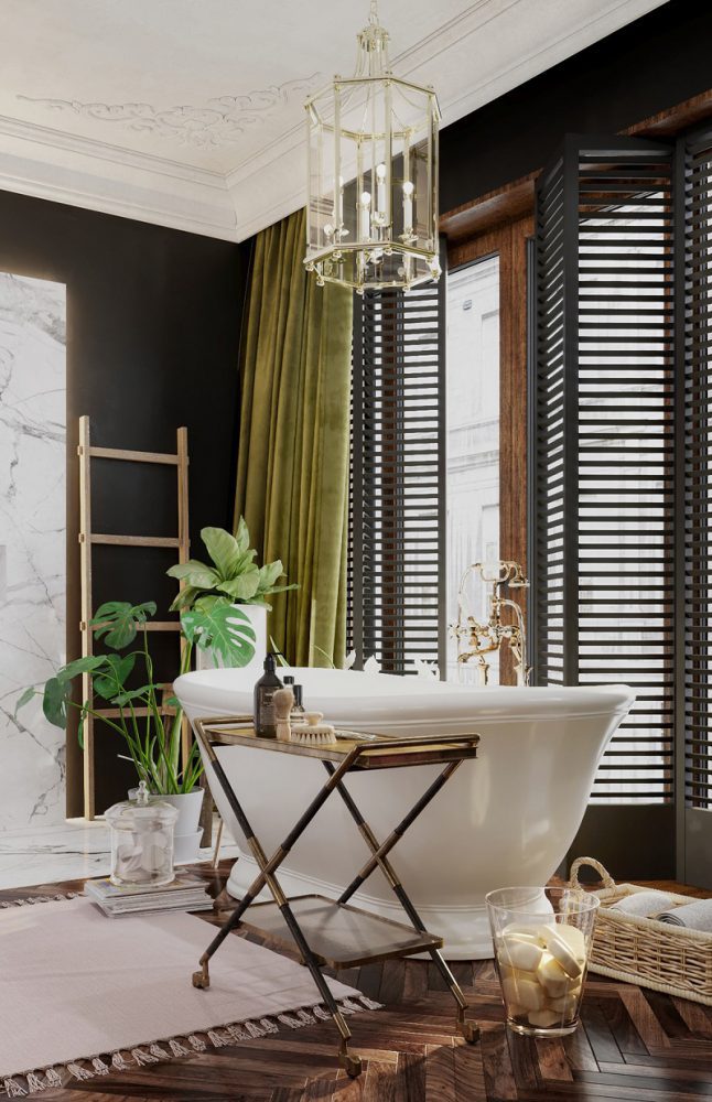 Bố trí nội thất cạnh bồn tắm trong thiết kế tắm đẹp cho biệt thự