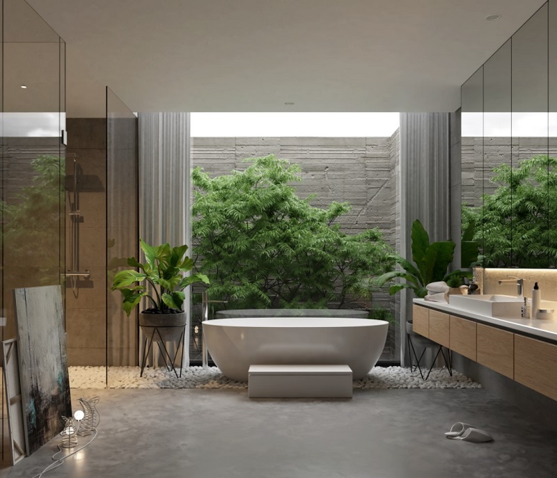Thiết kế phòng tắm đẹp cho biệt thự với những mảng xanh thiên nhiên