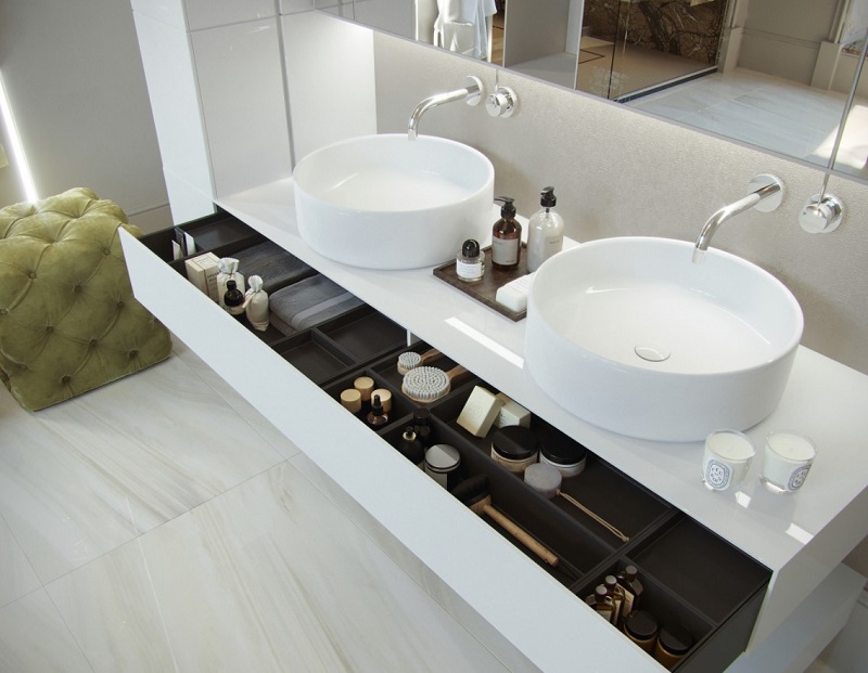 Phòng tắm đẹp cho biệt thự đương đại với chất liệu đá chủ đạo