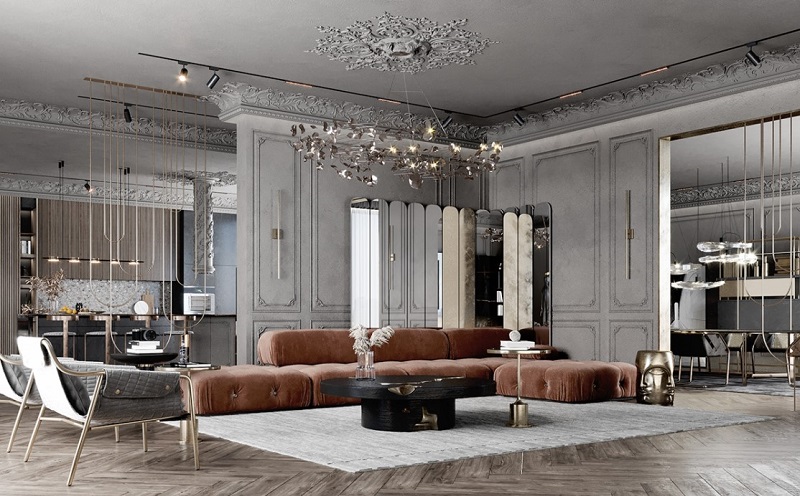 Sofa dài cho thiết kế nội thất biệt thự cổ điển