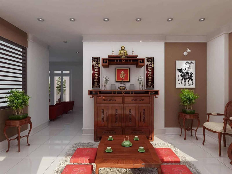 Không gian phòng thờ rộng rãi, có bàn trà lớn phục vụ cho các dịp thờ cúng